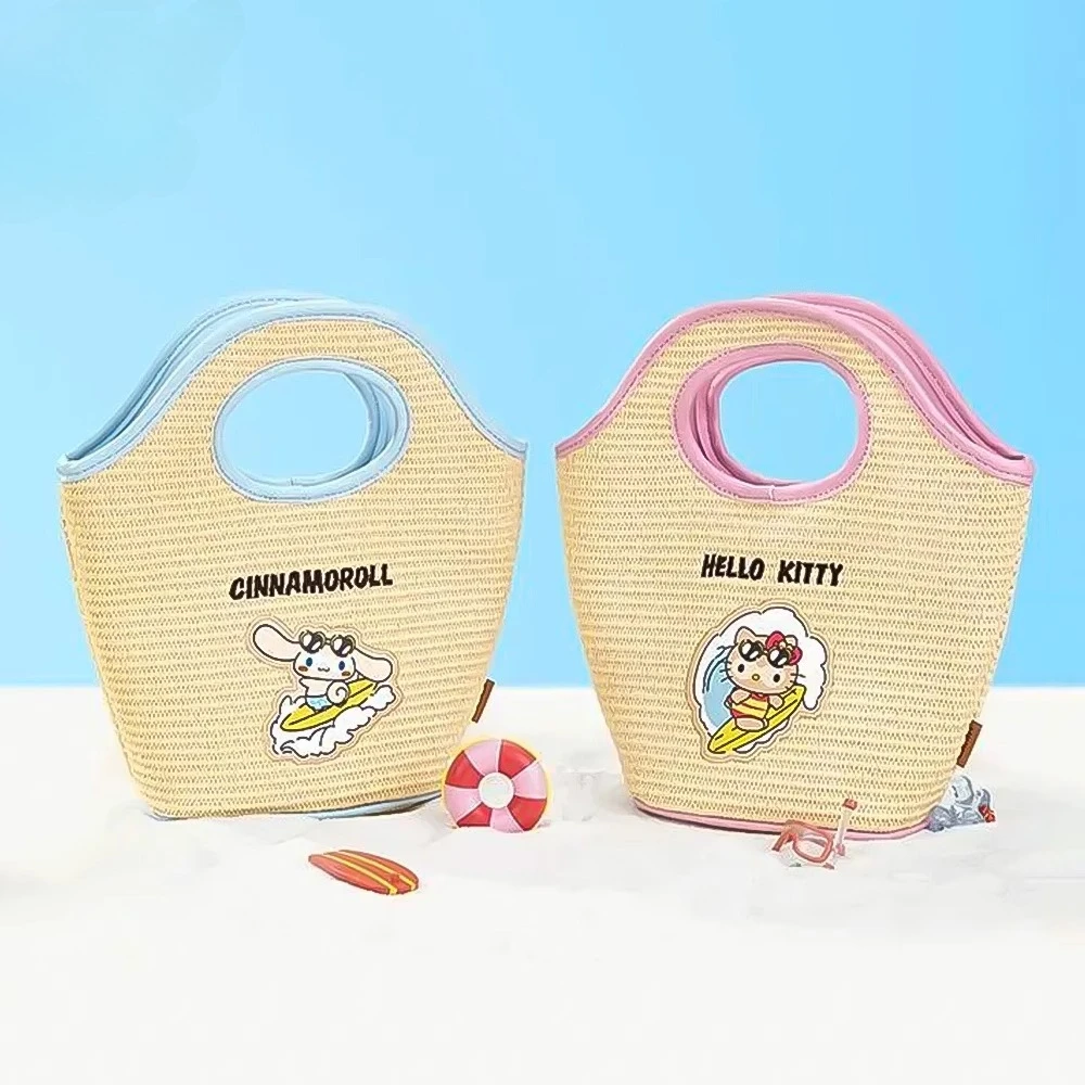 

Sanrio series handbasket tote bag, straw mat woven bag, large-capacity portable storage bag, hello Kitty cinnamoroll