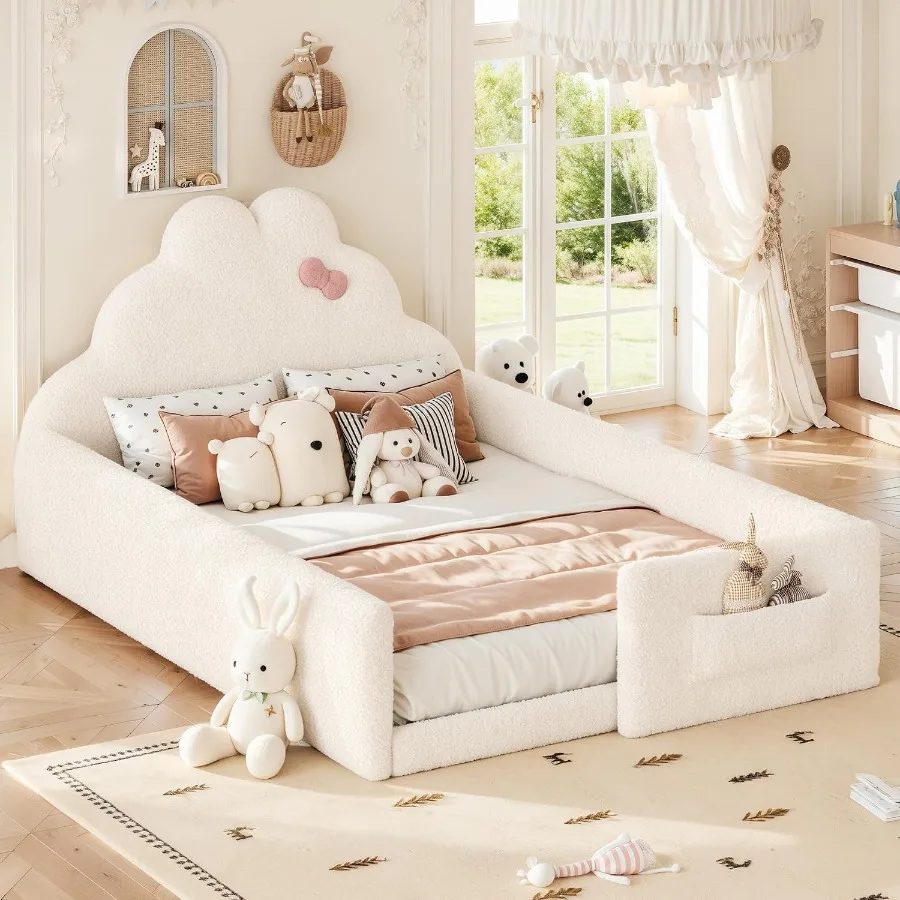 Teddy Upholstered Floor Bed with Side Pocket for Room, Soft Fabric in Light Gray, Low-Profile Safe Design