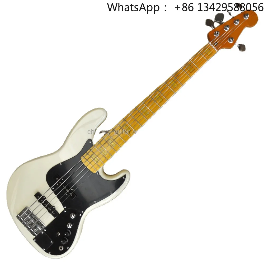 Flyoung Milk WHite Electric Bass 5 Strings Maple Fretboard Bass Chrome Hardwares Big Black Pickguard