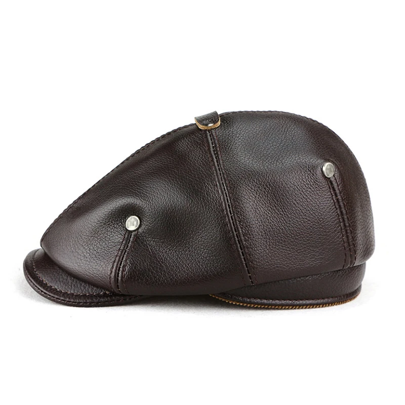 Cowhide Genuine Leather Newsboy Caps Men Large Size 61cm British Retro Octagonal Cap Winter Windproof Peaked Berets Forward Hat