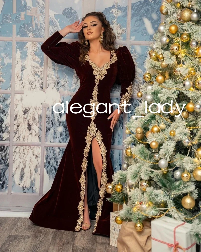 Burgundy Velvet Occasion Split Evening Dresses 2023 Lace Beading Traditional Kosovo Albanian Prom Party Gowns Vestido De Novia