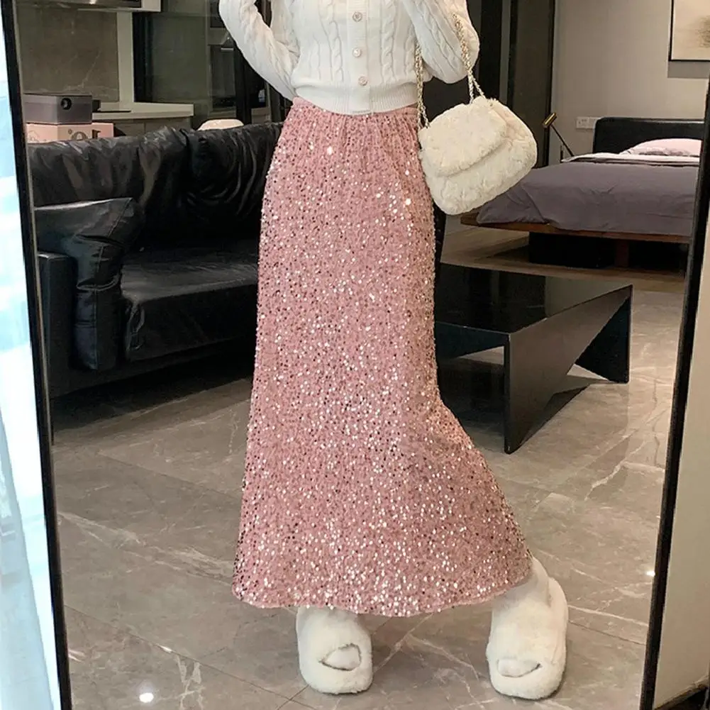 Jupe mi-longue à lacets pour femmes, ligne a, garniture à paillettes, décoration de paillettes brillantes, façonnant les jambes, taille haute, fente au dos