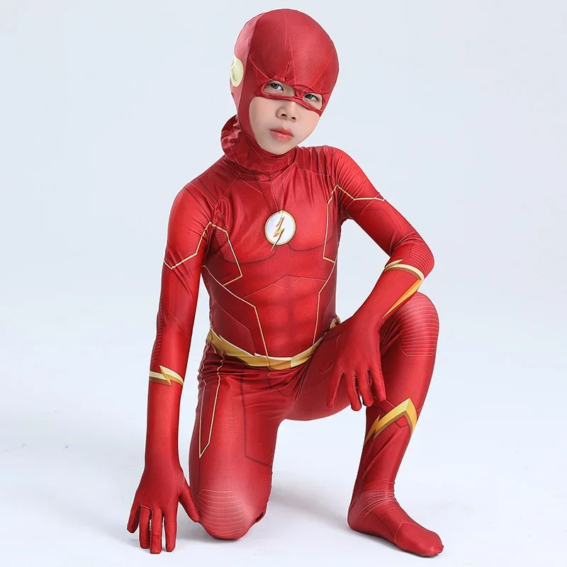 2Pcs 2024 New Kids Flash Man Boys Cosplay Costume New Year Carnival Party Fancy Dress with Headgear Mask Sets