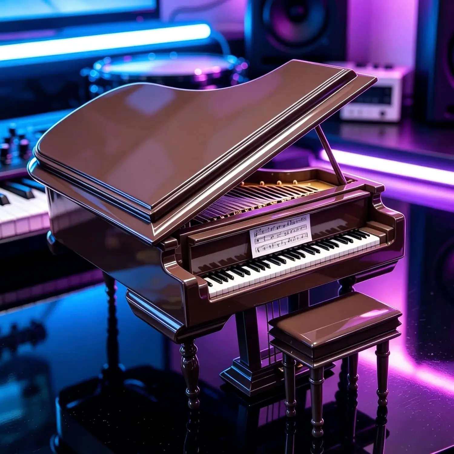 Piano-Shaped Music Box with Bench and Black Case, Canon Melody, Musical Gift for Christmas, Birthday and Valentine's Day