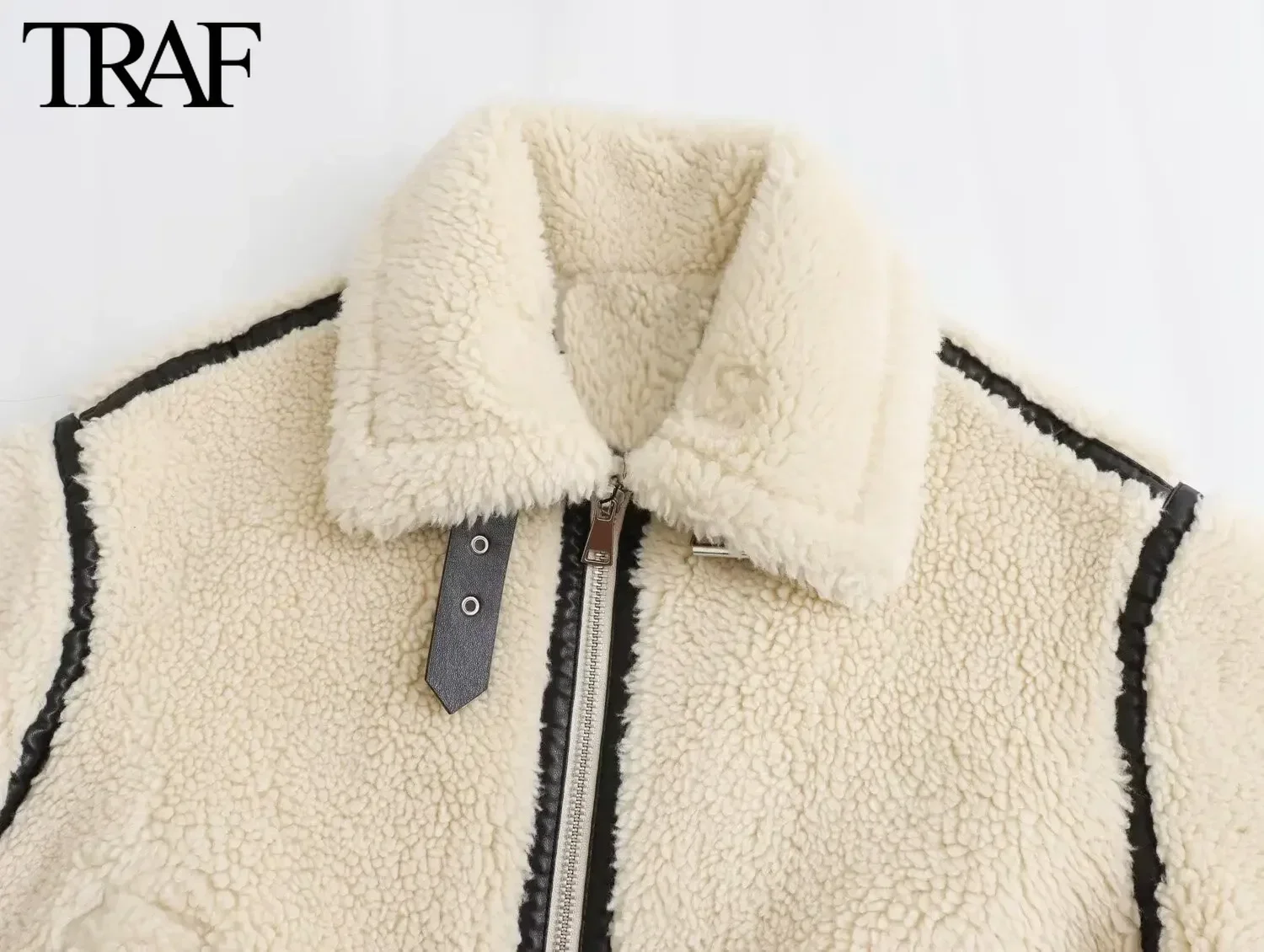 TRAF Faux Fur Jacket for Women Fashion Winter New Solid Color Long Sleeved Lapel Zip Pocket Warm Thick Jackets Short Coats