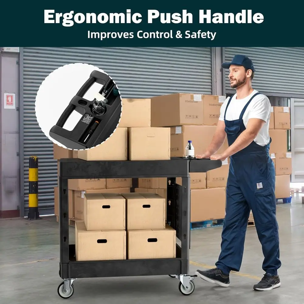 Sturdy 2-Tier Utility Cart with Hanging Board, 39x17, 550 lbs Capacity, Swivel Wheels, Ideal for Workshops and Garages