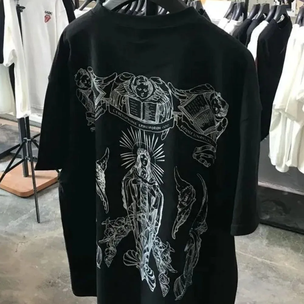 Cotton Casual Short-sleeved T-shirt Men's Hand-painted Virgin Mary College Style Little Angel Trendy Brand Loose and Versatile