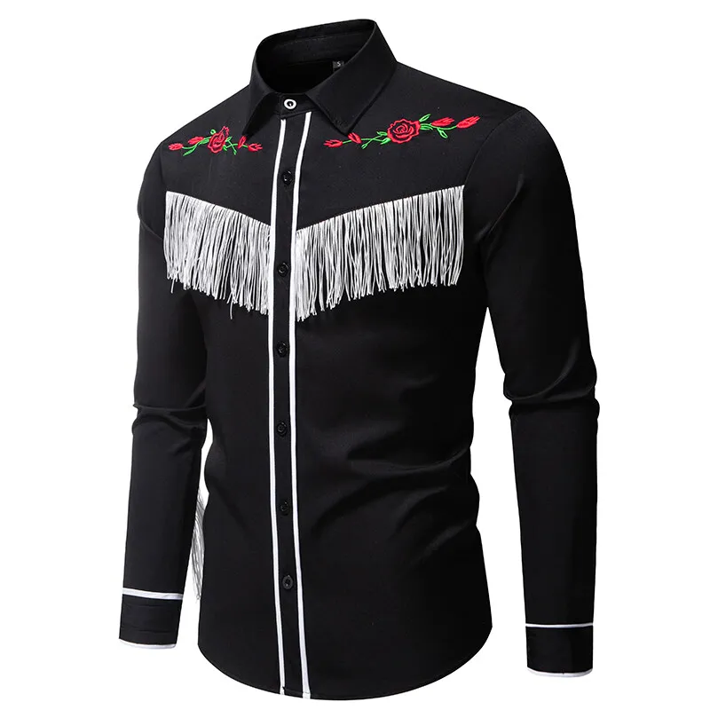 Spring New Fashion Tassels Design Mens Smooth Long Sleeve Shirt Embroidery Costume Performance Shirts Male Party Nightclub Shirt