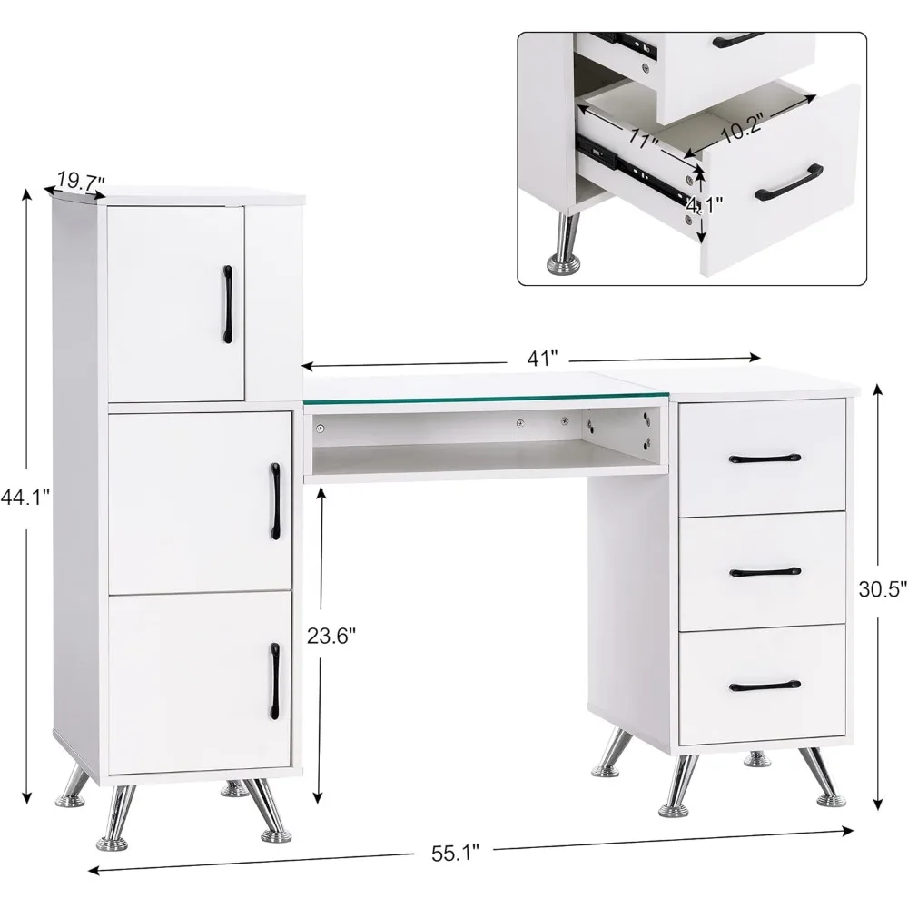 Table de manucure avec égouts de proximité, bureau de maquillage des ongles, poste de travail de salon de beauté, rangement spacieux, capacité de 2611 (blanc)