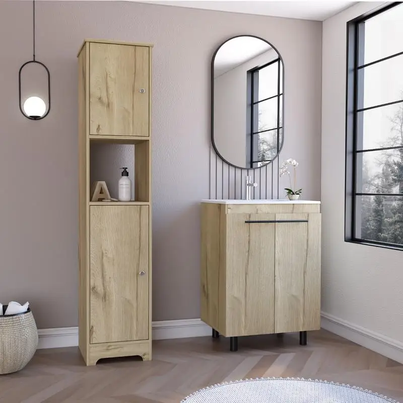 

2 Piece Bath Set, Linen Cabinet + Free Standing Sink Cabinet, Light Oak Finish