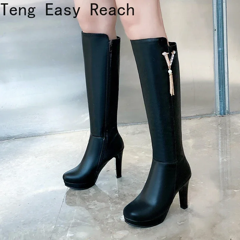 PU Soft Leather Over Knee High Heels Boots Platform Warm Plush Woman 's Winter Long Boots Zapatos Mujer Black White Pink Boots