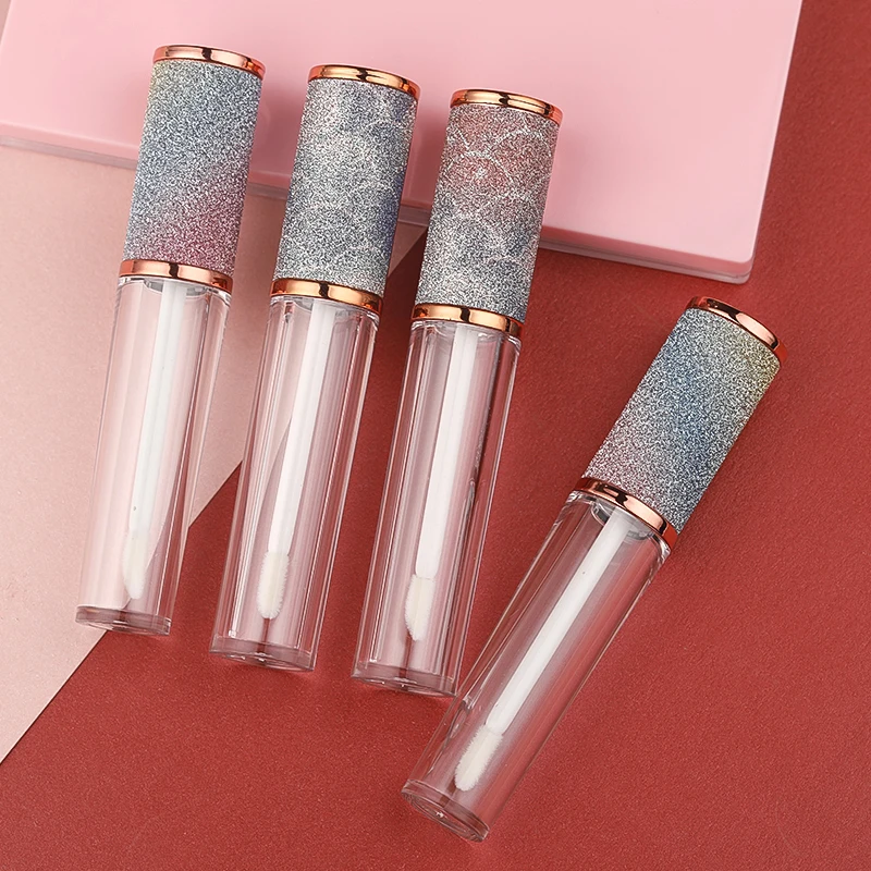 Luxury Rainbow Rose Gold Glitter Wholesale Custom Logo Empty Lip Gloss Tube 5ML Soft Applicator Wand Cylindrical Holographic