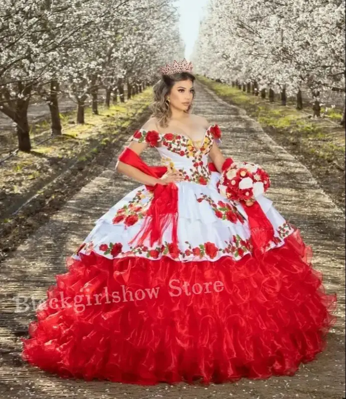 Red Princess Quinceanera Dresses 2024 Luxury Off Shoulder 3D Floral Applique Lace Mexican Poncho vestido de 15 años quinceañera