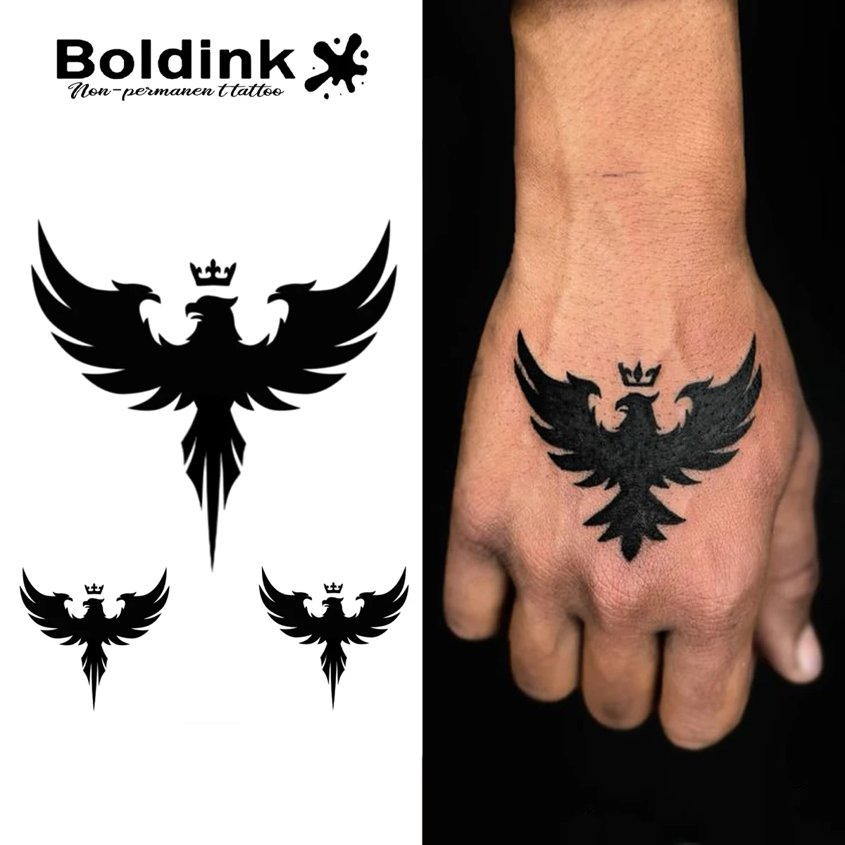 Boldink King Eagle Tattoo Patch | Triple Eagle Crown Totem Design | Non Permanent Waterproof Tattoo