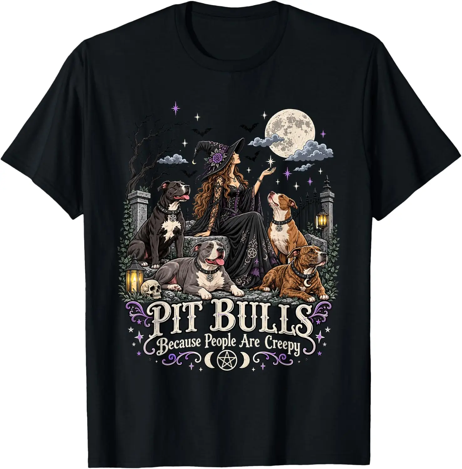 Pit Bulls Because People Are Creepy Halloween Witch And Dogs T-Shirt Premium heavyweight pure cotton—stylish, versatile, and unisex; a perfect Christmas gift suitable for year-round wear.