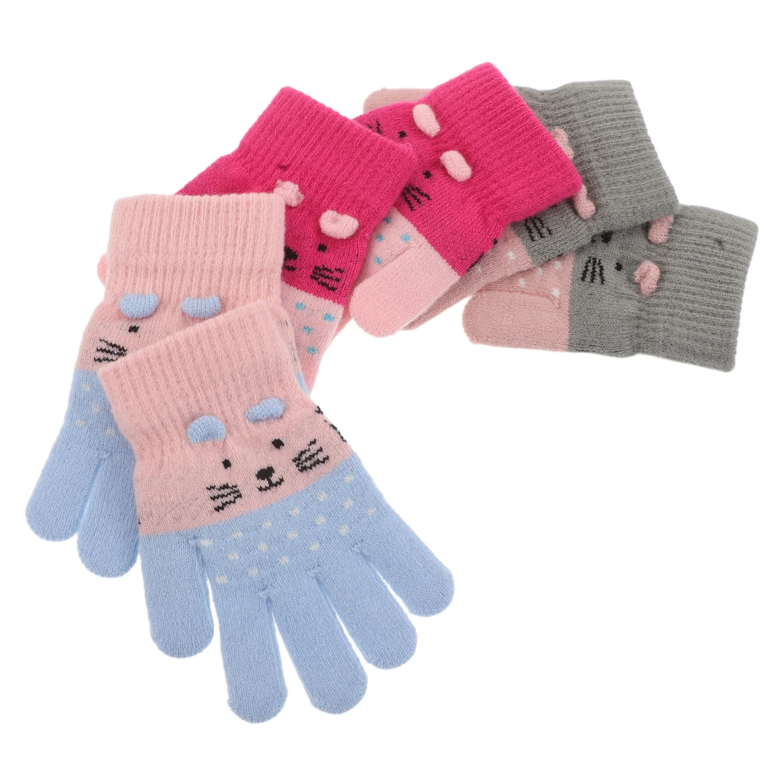 

6pcs Kids Winter Gloves 3-7 Years Cute Cat Design Warm Knitted Full Finger Mittens For Cold Weather Outdoor Skiing Snowboard