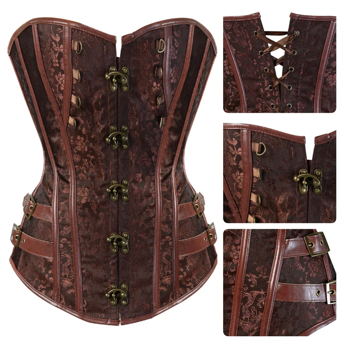 Gothic Corset Top for Women Steampunk Corsets Leather Jacquard Bustiers Pirate Basque Halloween Cosplay Costumes Rave Outfits