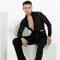 2024 Professional Latin Dance Tops For Men V -Neck Long Sleeve Shirts National Standard Dance Clothes Chacha Latin Wear DQS15572