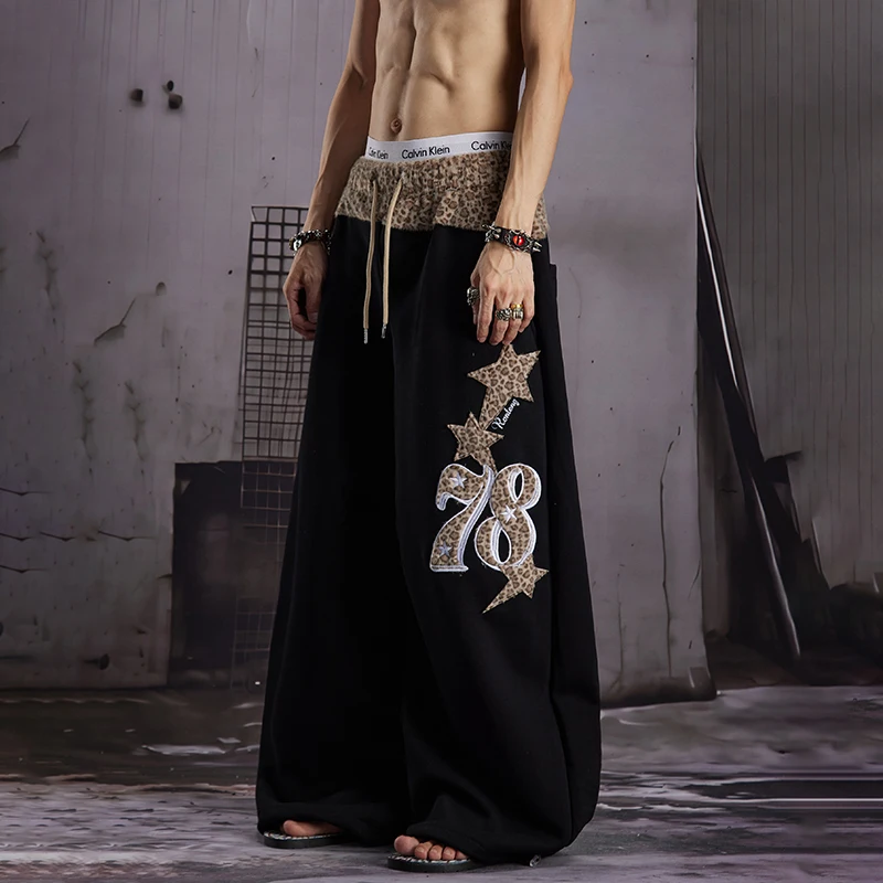 LUZHEN 2026 New Trendy Leopard Patchwork Pattern Embroidery Baggy Wide Leg Sweatpants Men Handsome Elastic Waist Trousers JY9073
