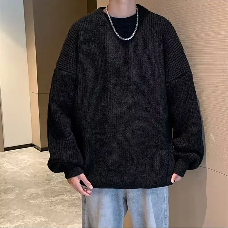 Sweater rajut pria, atasan Pullover lengan panjang leher bulat, rajut longgar kasual Mode Korea, Sweater rajut warna polos untuk musim gugur dan musim dingin