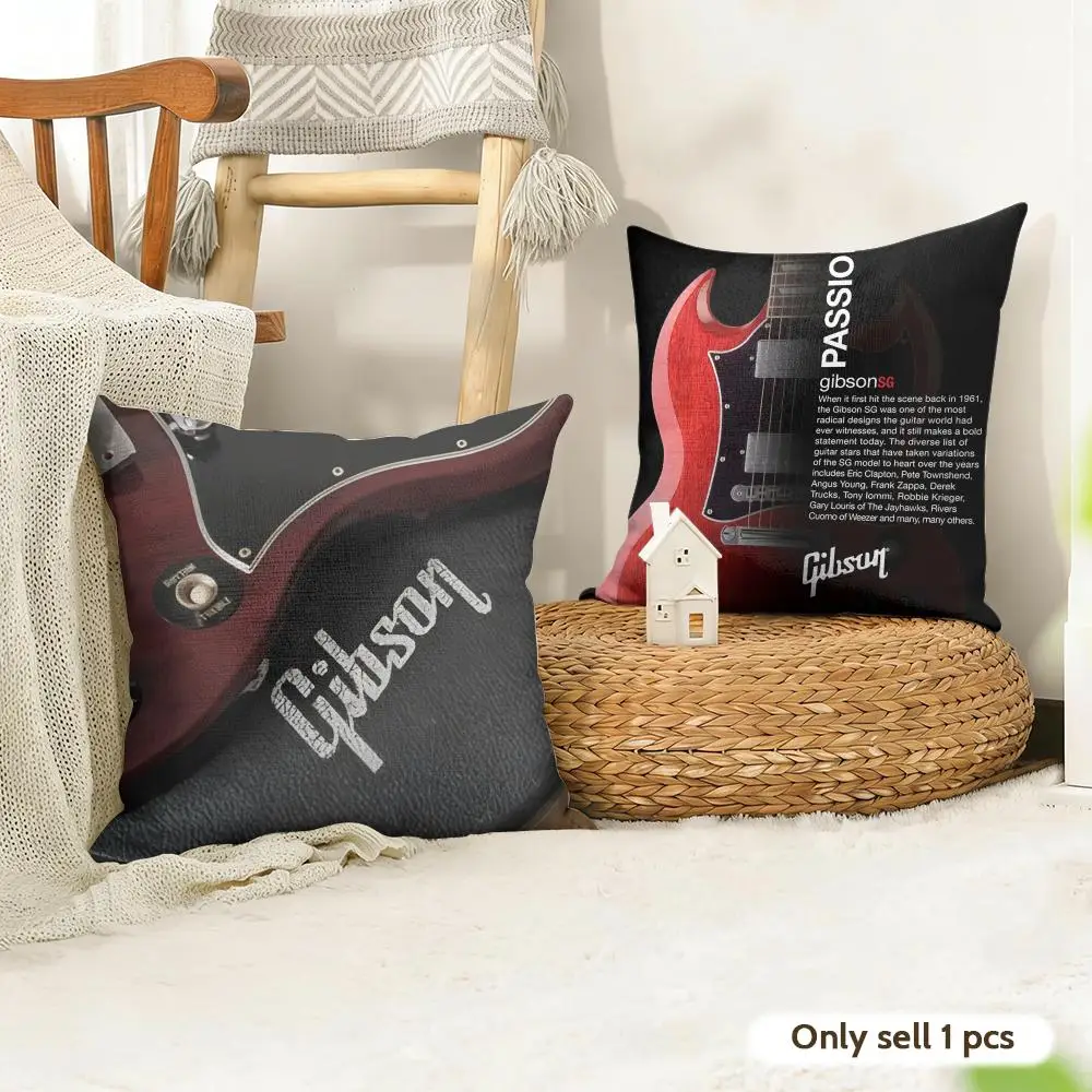 G-Gibson Musical Guitar Cushion Cover Natural Linen Organic Fabric Double-Sided Printing Room Sofa Decor Pillow Case
