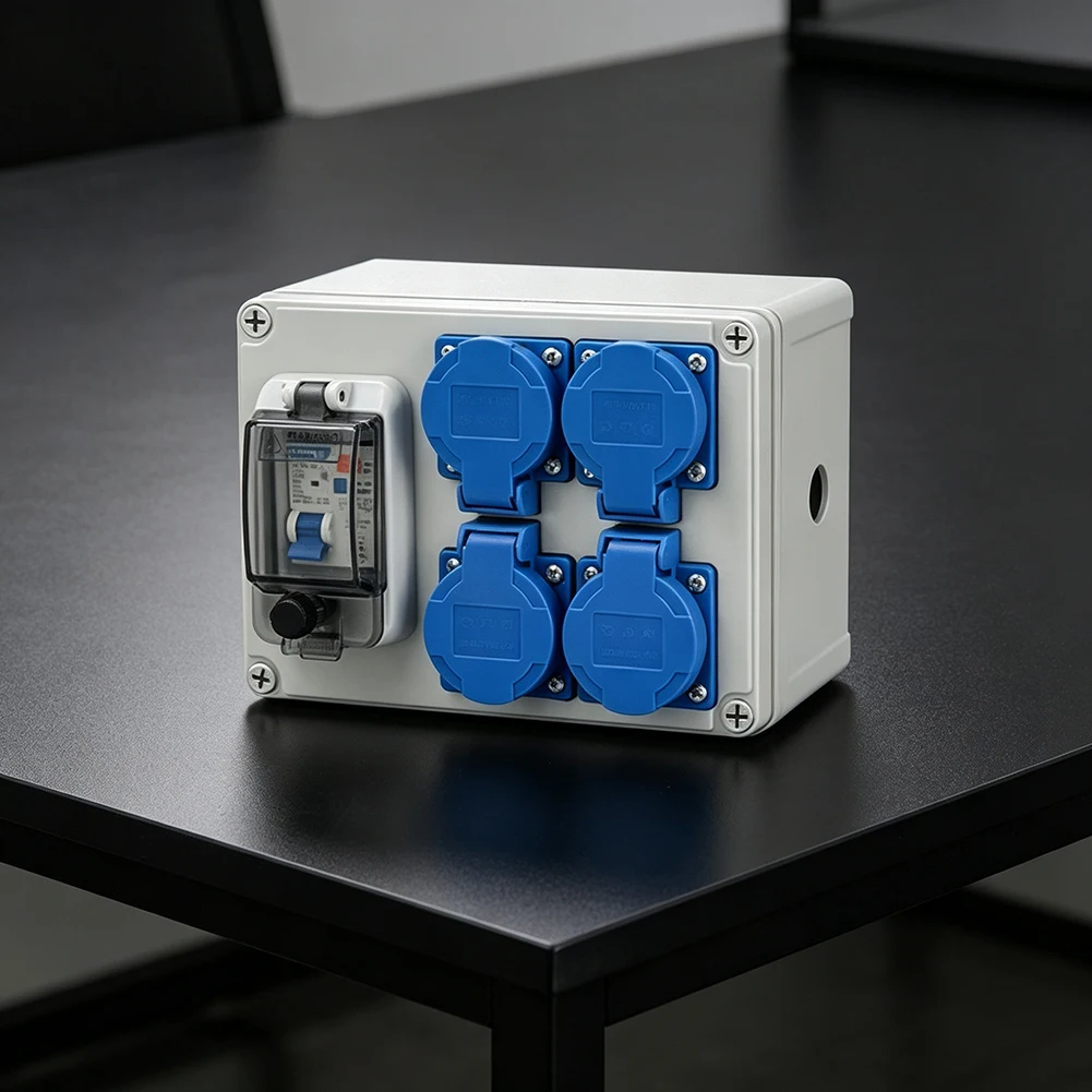 IP54 Wall Mounted Power Distributor 250V 16A 4 German Sockets 1P+N FI Switch ABS Housing for Harsh Weather Conditions