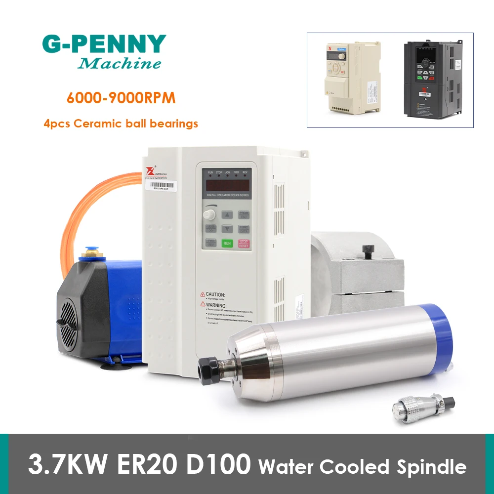 G-Penny 3.7kw ER20 Water Cooled Metal Working Spindle Motor Kits 4000-9000rpm 4 Pole & BD612/BD600 VFD & Pump & bracket R