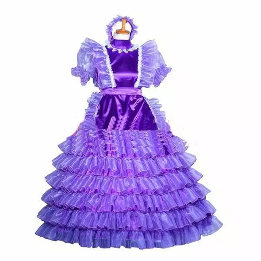 Sissy Lockable Purple Satin Sheer Tulle Dress Sexy Maid Outfit Cosplay Festive Outfit Adult Custom Tailored