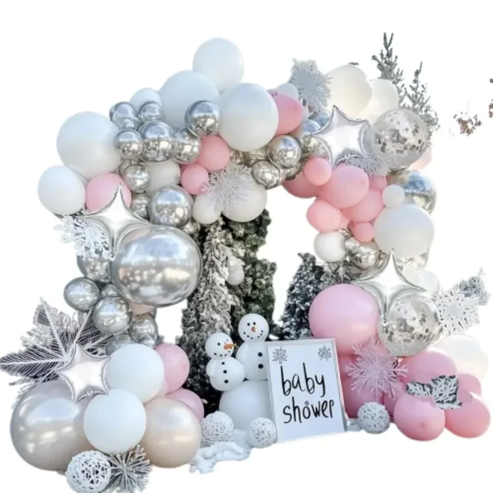 98 قطعة من بالونات الشتاء العجائب، مجموعة قوس بالونات فضية باللون الأبيض والوردي لحفلات أعياد الميلاد وحفلات استقبال المولود الجديد وكشف الجنس #6
