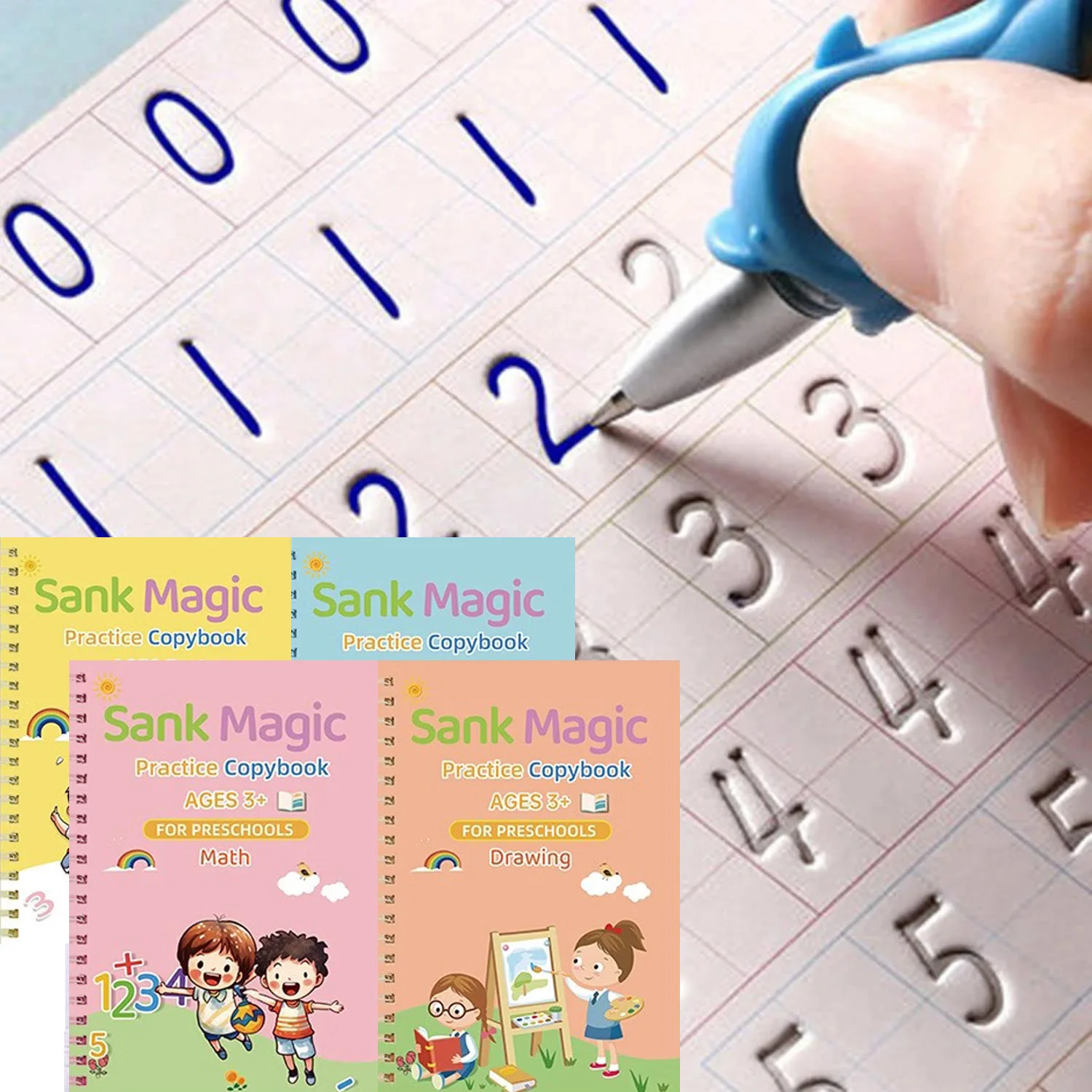 

4pcs Sank Magic Practice Copybook Pen Preschools Kids Calligraphy English Verison Free Wiping Children Reusable Writing Book