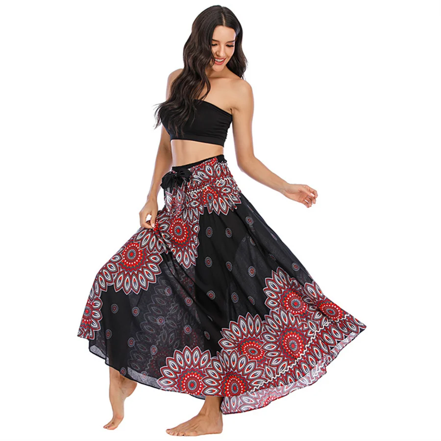 Fitshinling Bohemian Print Vintage SKirts for Women A-Line Fashion Saias Femme Holiday Summer Slim Long Skirt Female Clothing