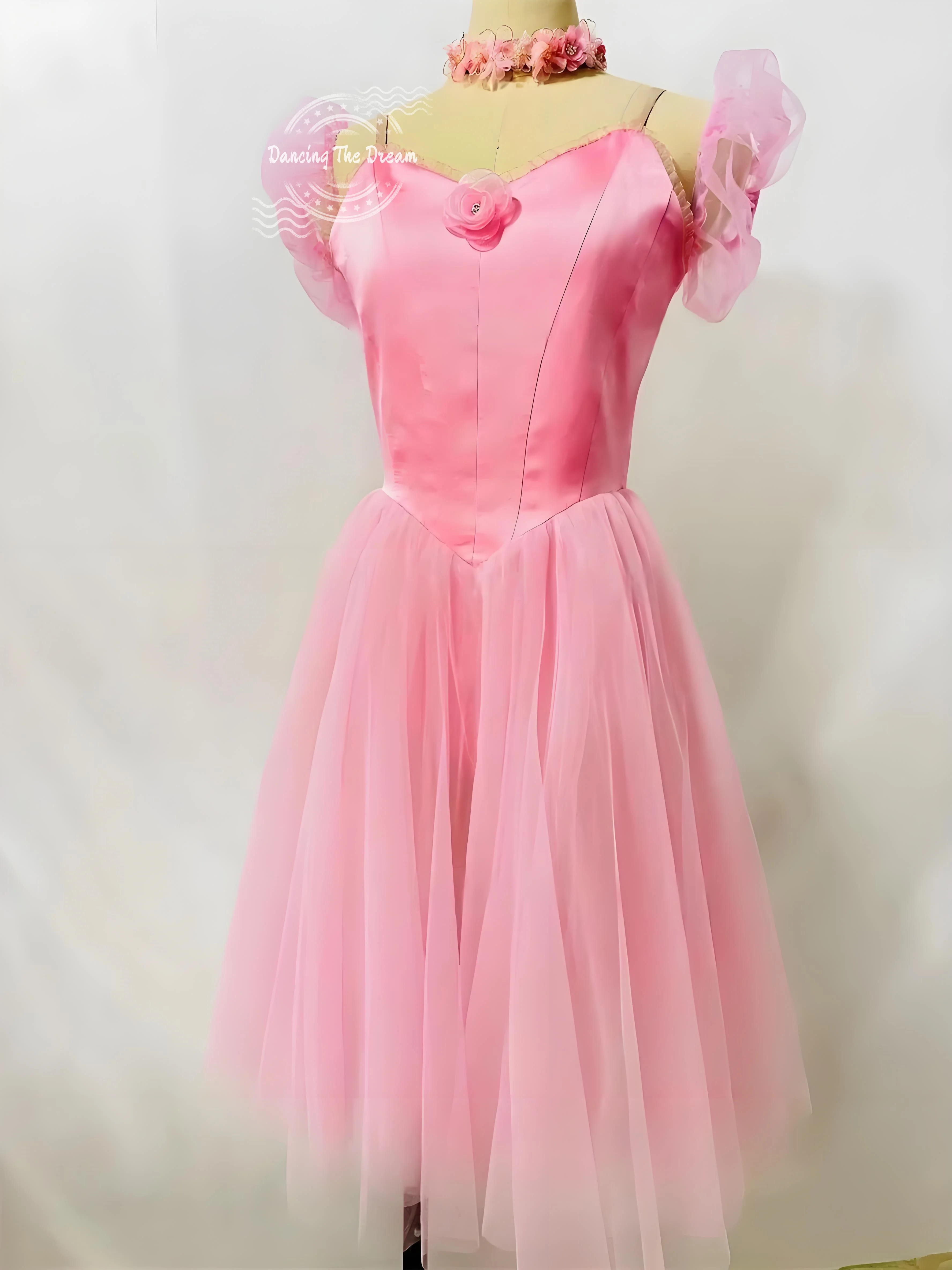 

Rose Pink Mesh - Layered Tulle Ballet Dress with Satin Lining Pastel Pink Shimmer - Fabric Tulle Ballet Dress with Floral Trim