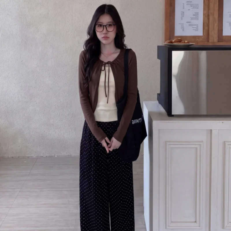 Women's Early Autumn Sweet Tie Waist Long Sleeve Loose Feel Cardigan Fake Two-Piece Versatile Small Size Friendly Top