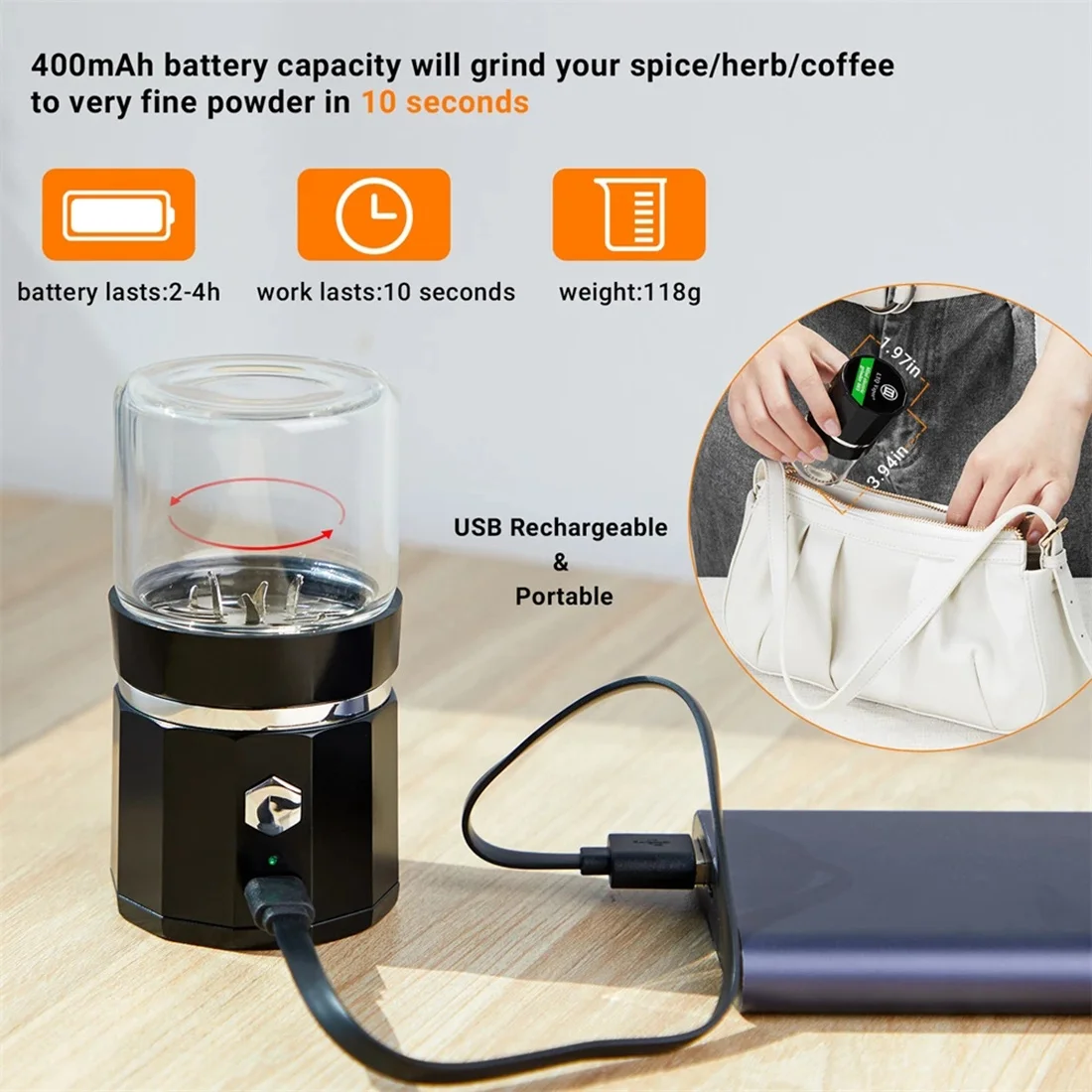 Mini Electric Grinder Portable Vanilla Grinder USB Rechargeable Mill with a Cleaning Brush for Tea Rosemary