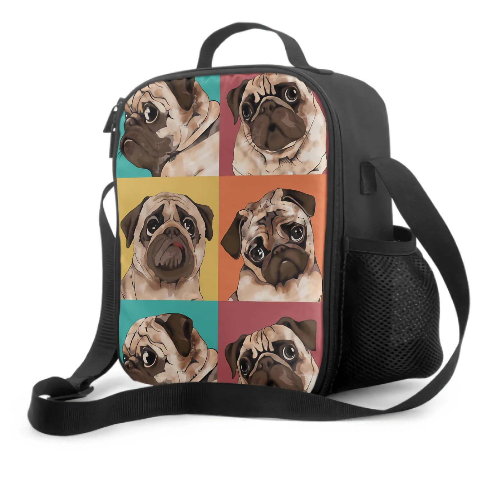 Pug Dog Selfie Lunch Box Insulated Meal Bag Cute Puppy Dog Pattern Lunch Bag Food Container for Boys Girls School Travel Picnic