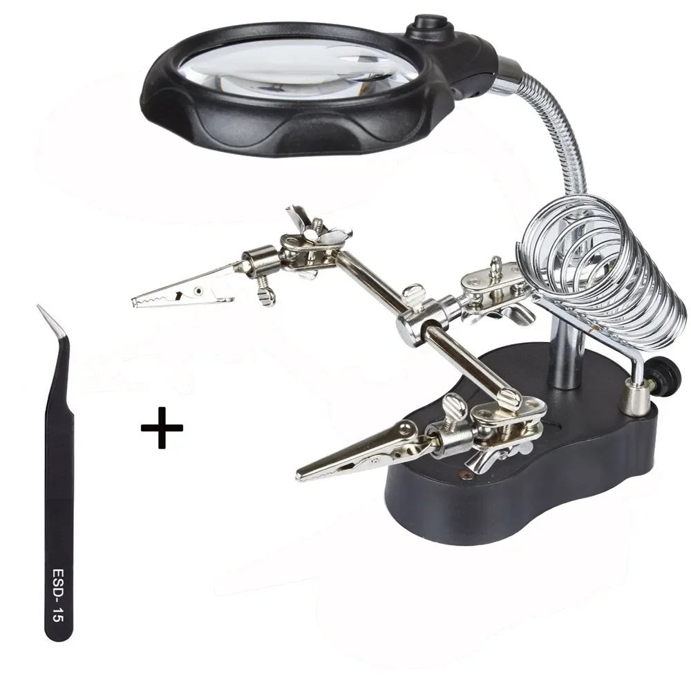 

New Magnify Glass 3.5x 12X 3rd Helping Clip LED Lighting Handheld Magnifying Soldering Iron Stand Glass Len Magnifier repair