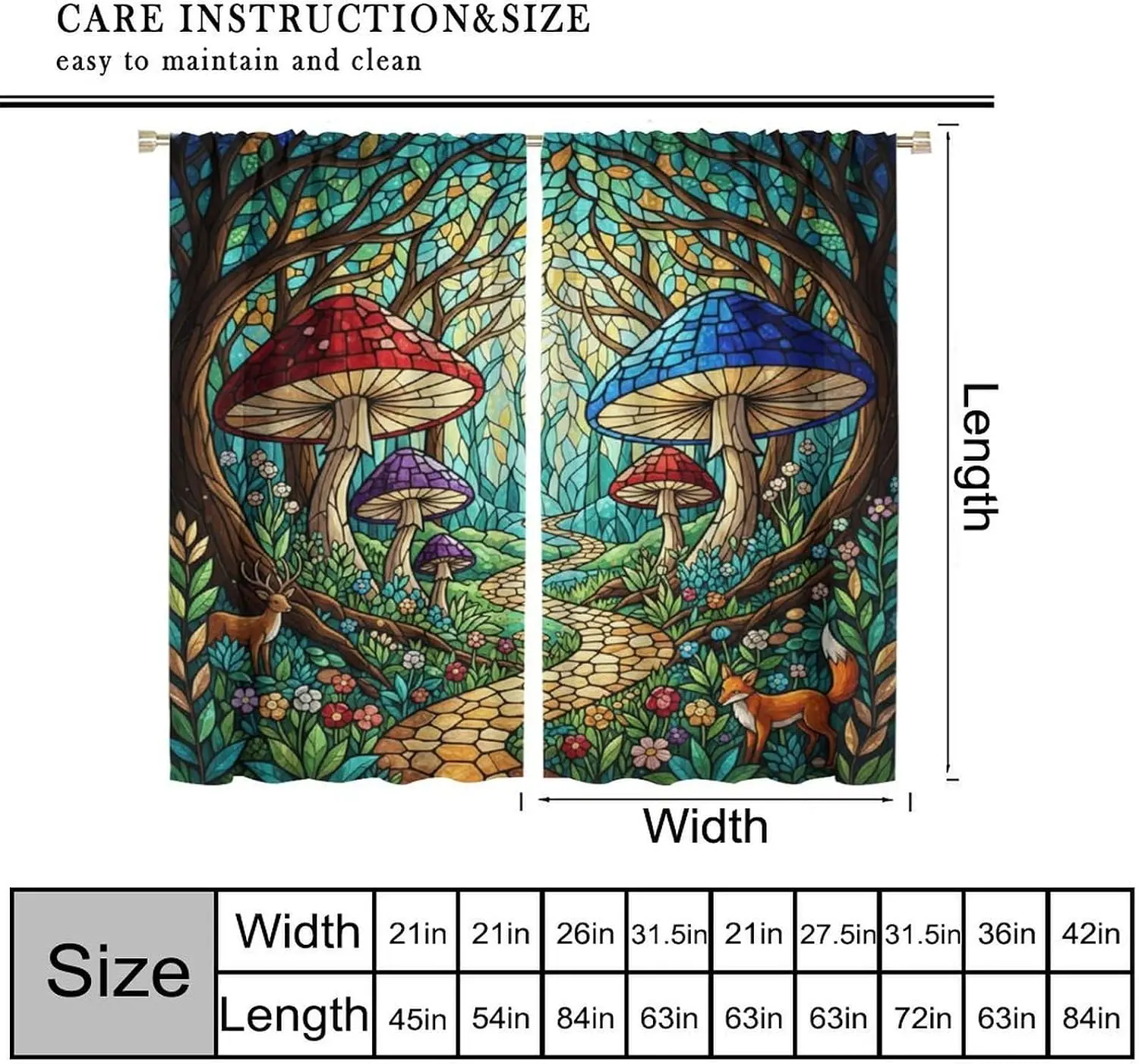 Stained Glass Mushroom Curtain 2 Panels, Color Fungus Deer Fox Forest Floral Path Print, Drapes for Bedroom Cottage Curtain