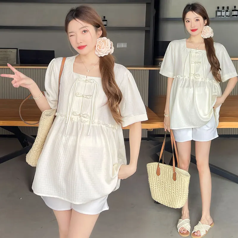 Chinese Style Pregnant Women Summer Clothes Set Short Sleeve Square Collar Buckle Tees Shirt+Belly Shorts Maternity Pants Suits