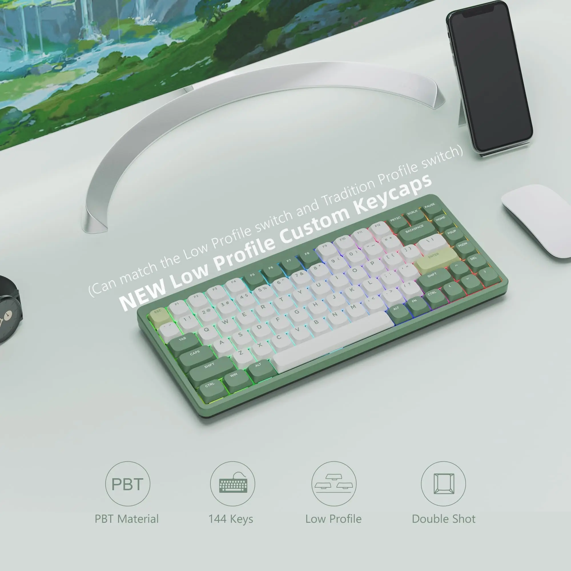 Imagem -06 - Teclas Pbt de Baixo Perfil 143 Teclas Lírio Verde Teclado Personalizado para 60 65 75 80 100 Teclado Mecânico para Jogos mx Switch