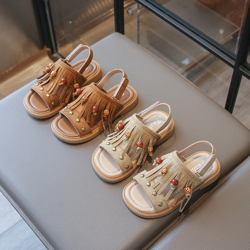 2026 Summer Bohemian Girls' Sandals, Retro Studded Beaded Roman Sandals, Soft Sole, Non-Slip Children's Beach Slippers