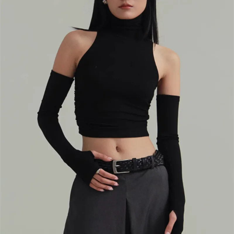 Pure Desire Sexy High Collar Slim Fit Long Sve Base IRT Weste Seitliche Falten Design Sve Cover Taille Schlankheitseffekt