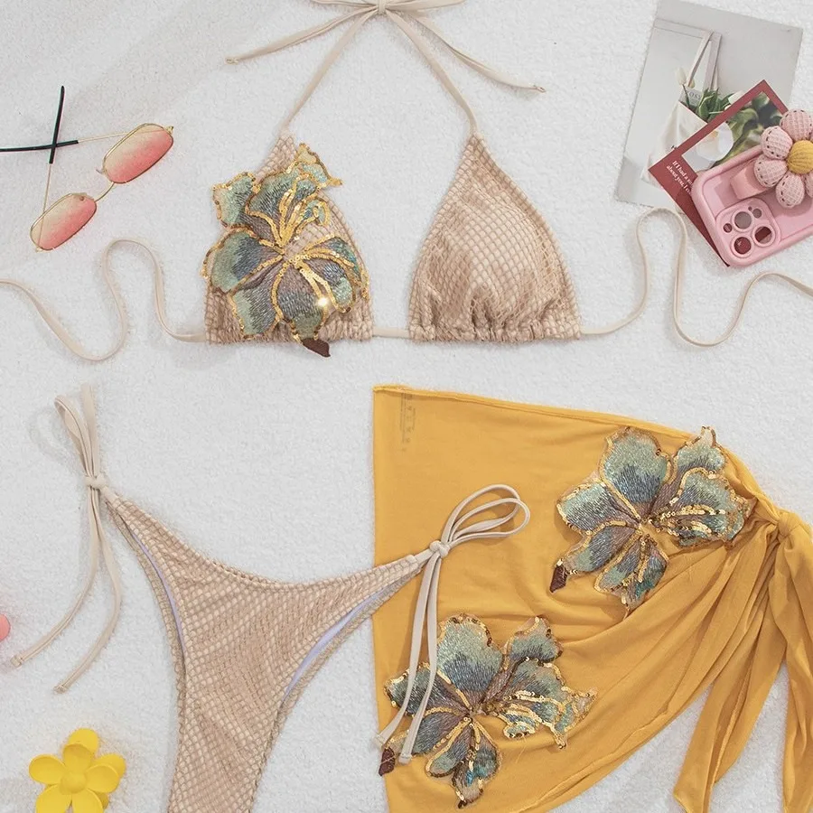 3 Pieces Bikini Set Women Shiny Sequins Swimsuit with Skirt Embroidery Mesh Flower Sarong Swimming Cover Ups Beachwear Bathing