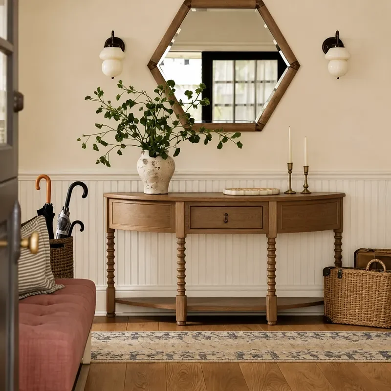 American Style Solid Wood Retro Porch Table Foyer Curved Decorative Cabinet Corridor Storage Console Entryway Hallway