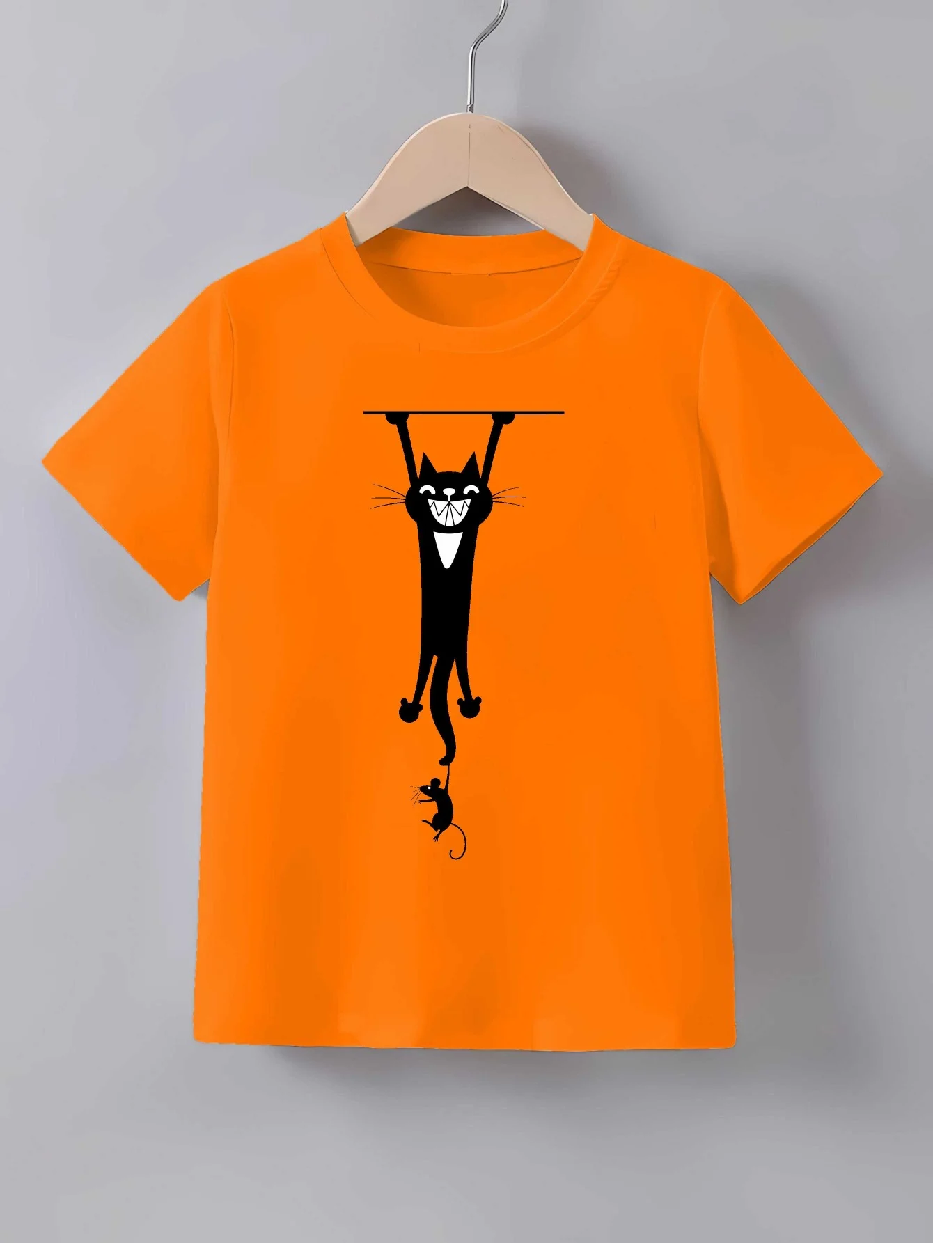 Hanging Black Cat And Mouse Cartoon Print T Shirt Family Matching Outfit Boys Girls Kids Short Sleeve Children Daily Tees