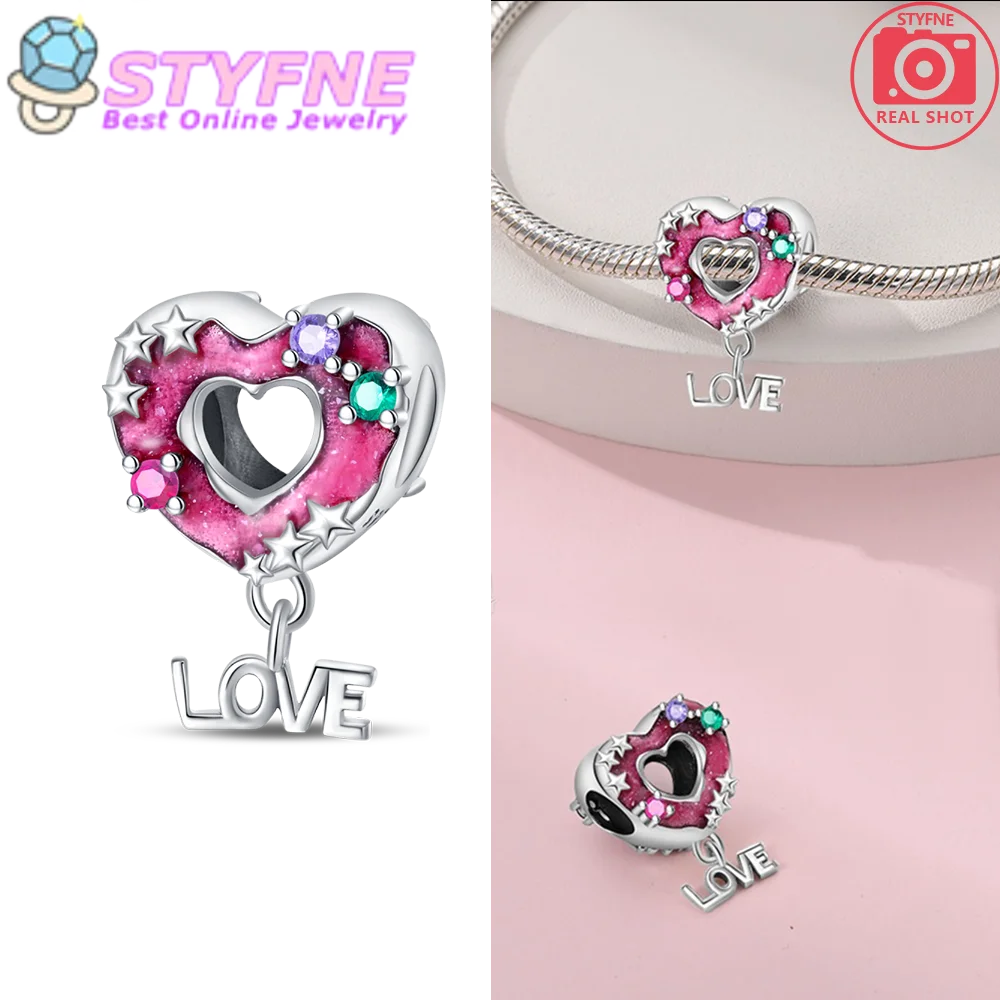 Original 925 Sterling Silver Pink Heart-Shaped Hollow Donut Star Charm Fit DIY Bracelet Necklace Women's Date Accessory