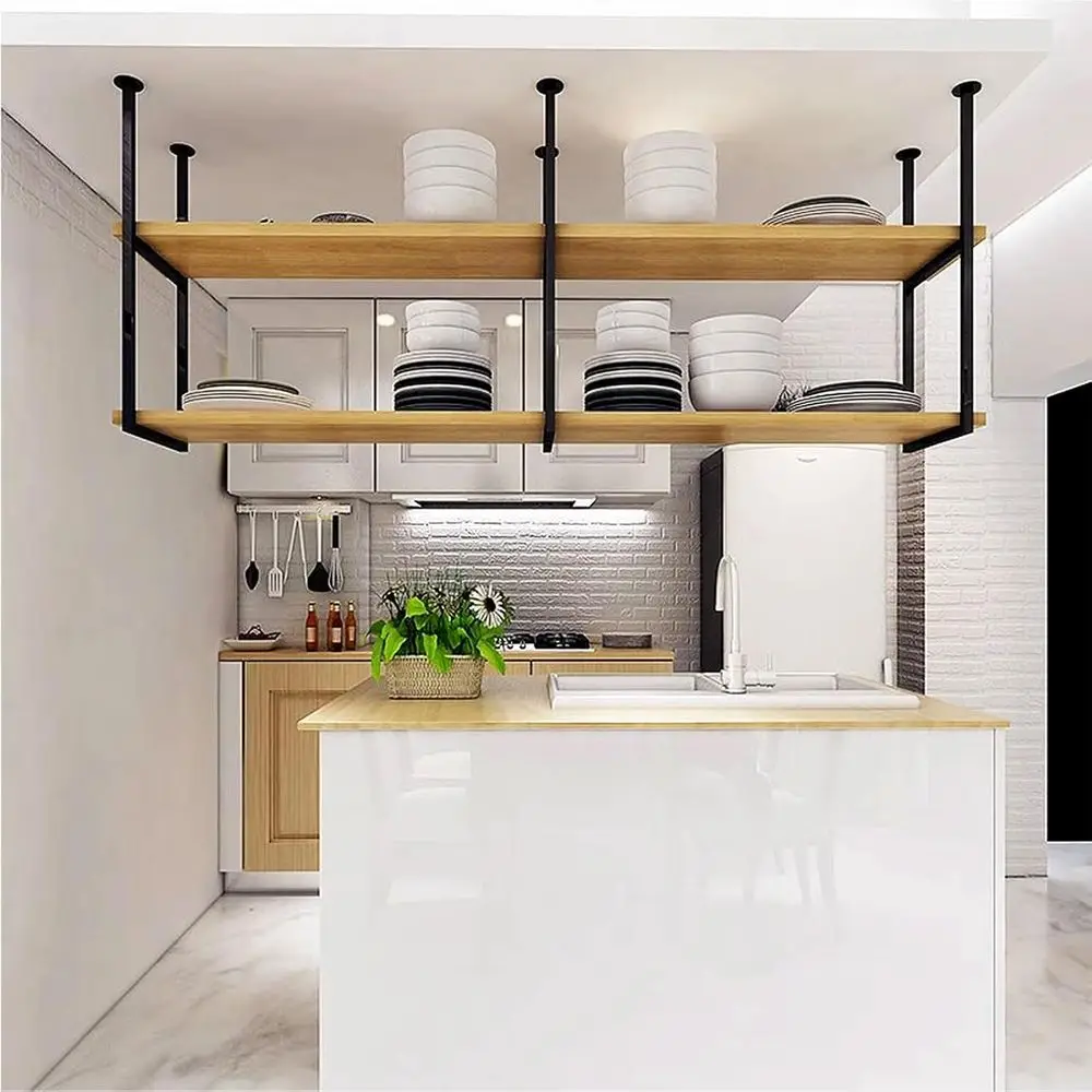 

Настенная кухонная полка с подставкой для кастрюль, из массива дерева и железа, идеально подходит для домашнего бара или хранения на балконе (80x30x80)