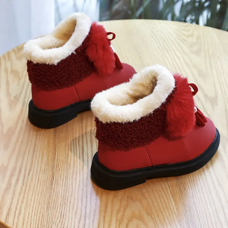 Anti-Slippery Bowknot Girls Snow Boots Plus Velvet Thickening Winter Little Girls Cotton Shoes Children\'s Short Boots Baby Boots