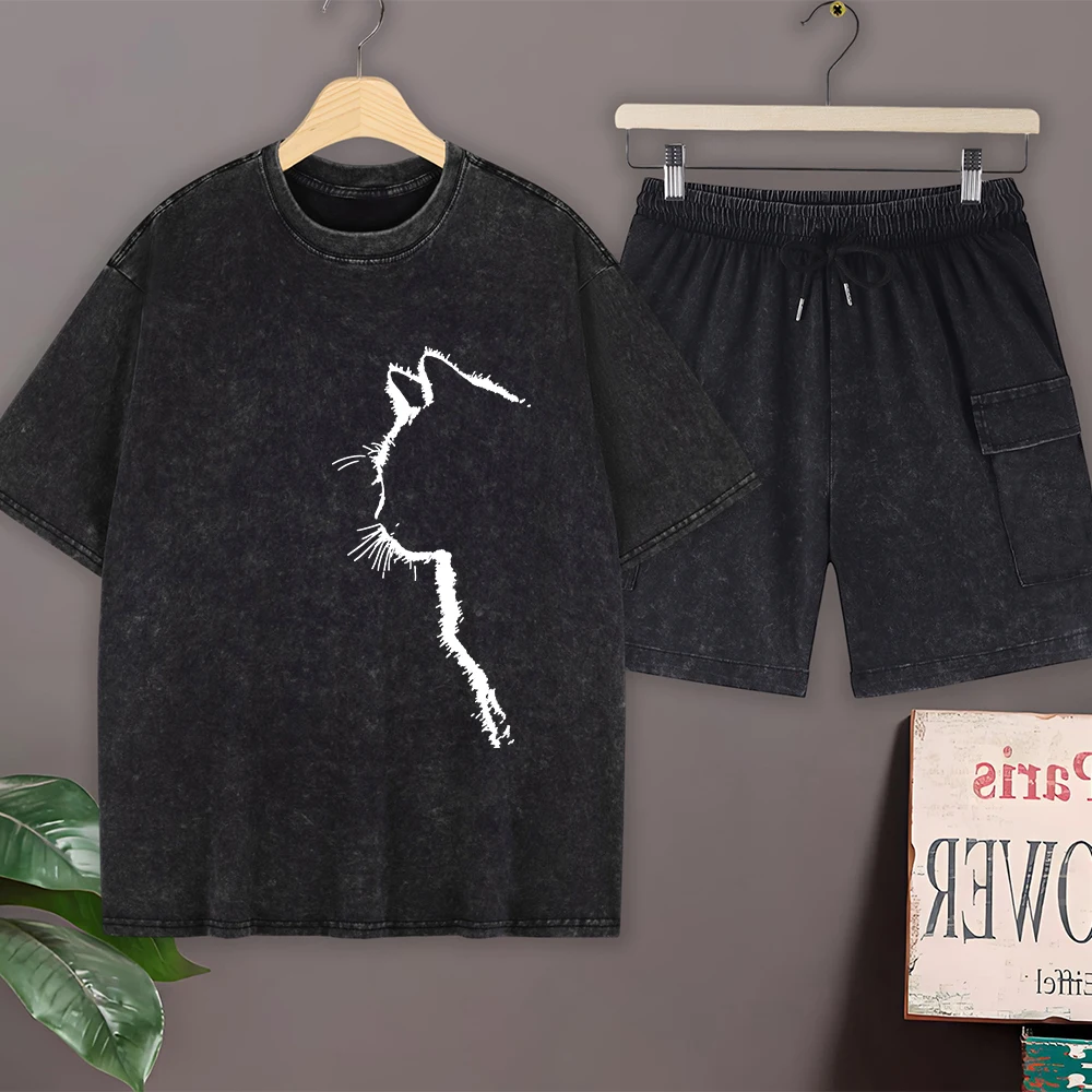 

Комплект мужской летней одежды: футболка оверсайз из хлопка с эффектом потертости и шорты карго, с круглым вырезом, с коротким рукавом, в стиле стритстайл