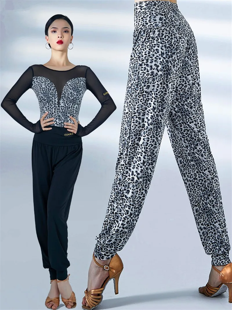 Pantaloni da ballo latino leopardo donna nuovi pantaloni da ballo larghi a vita alta Cha Cha Rumba Samba abbigliamento da pratica pantaloni neri