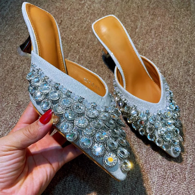 

Glitter Peacock Shape Rhinestone Pointed Toe Slipper Triangle Kitten Heels Slip On Slingbacks Bling Crystal Sandals Shoes Woman